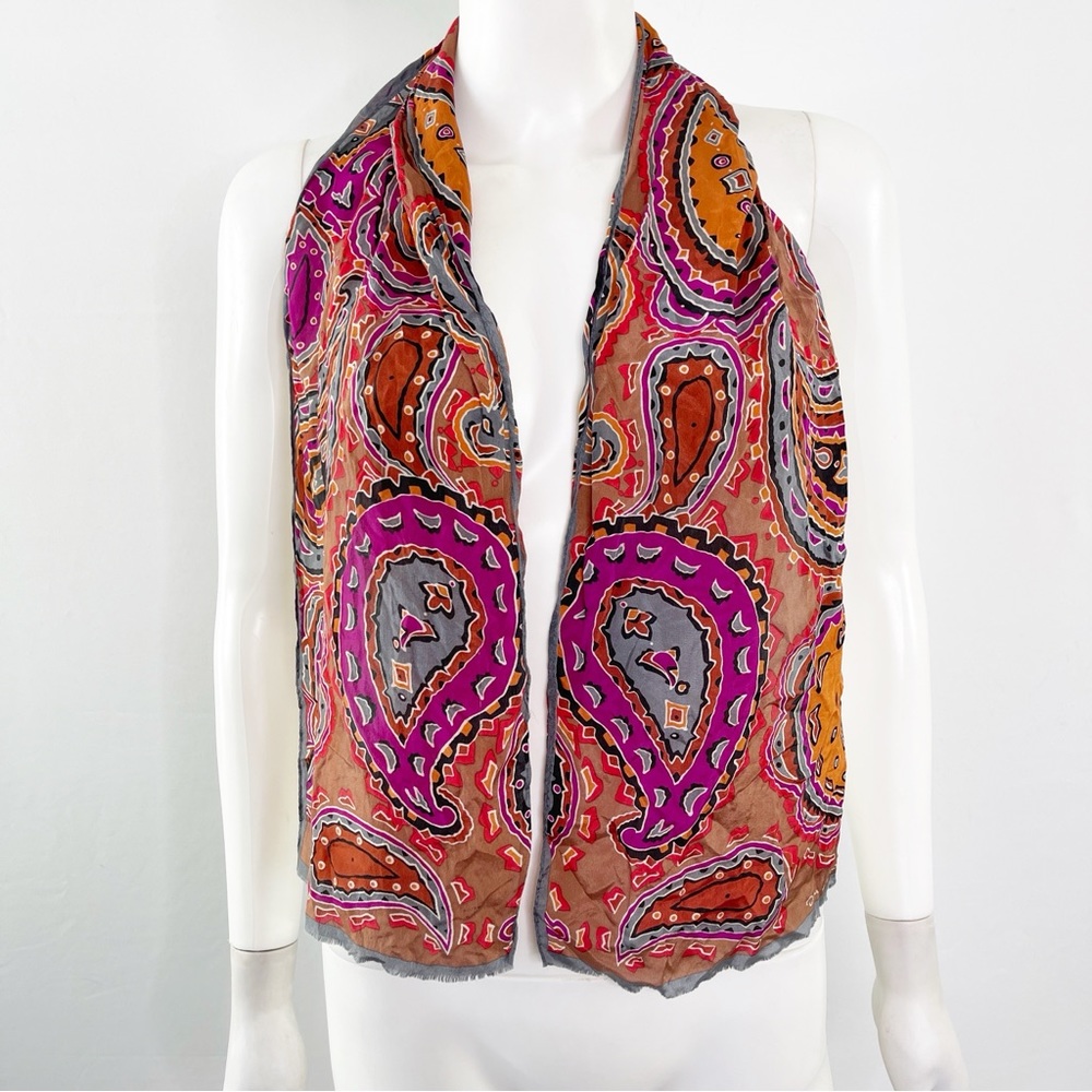 Oscar De La Renta Orange Pink Multicolor Paisley Print Silk Scarf - Picture 1 of 4